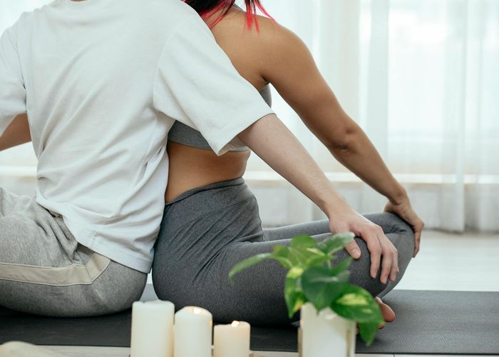 Serene environment for yoga practice with soft warm lighting.